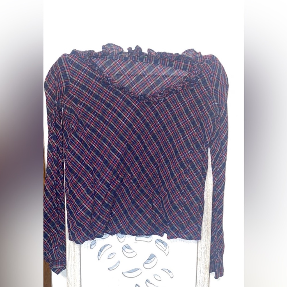 J crew, ribbed collar, long sleeve multi colored tshirt.